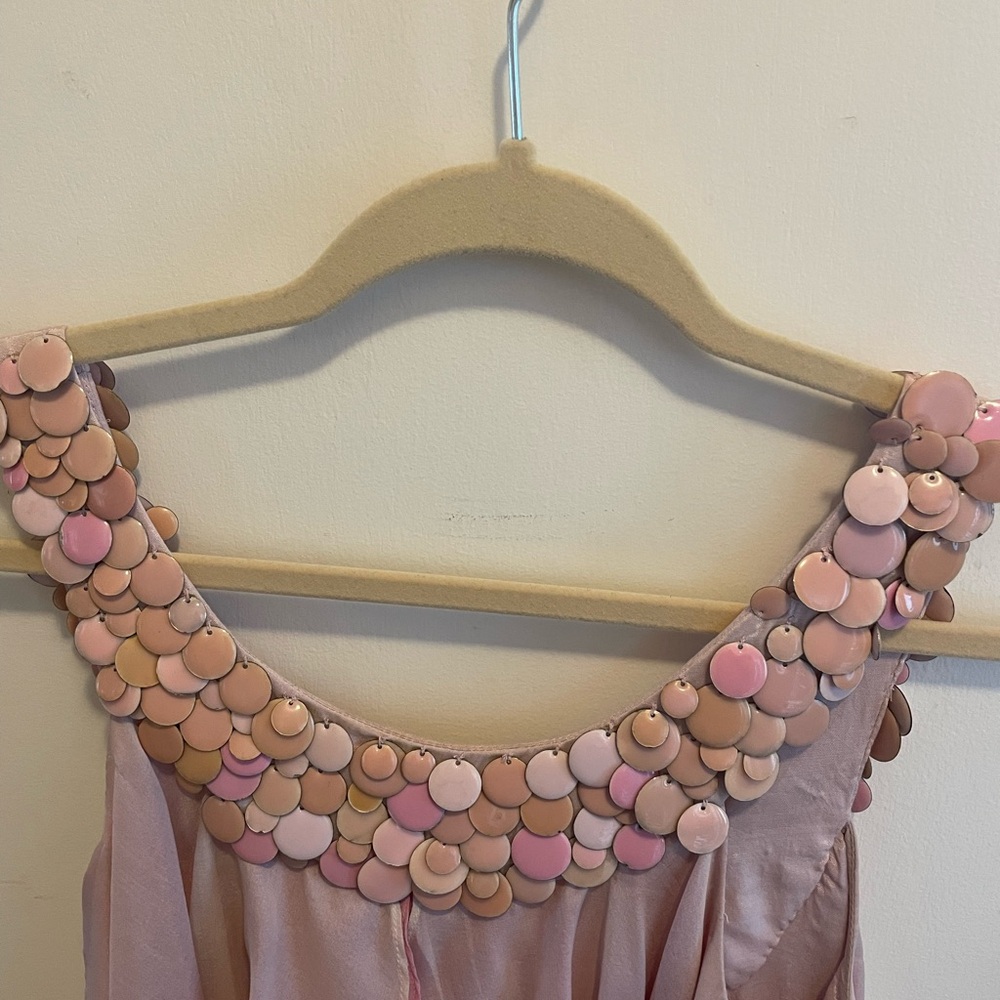 Pink Sleeveless Ruffled Blouse with Embellished Neckline - Picture 3 of 5